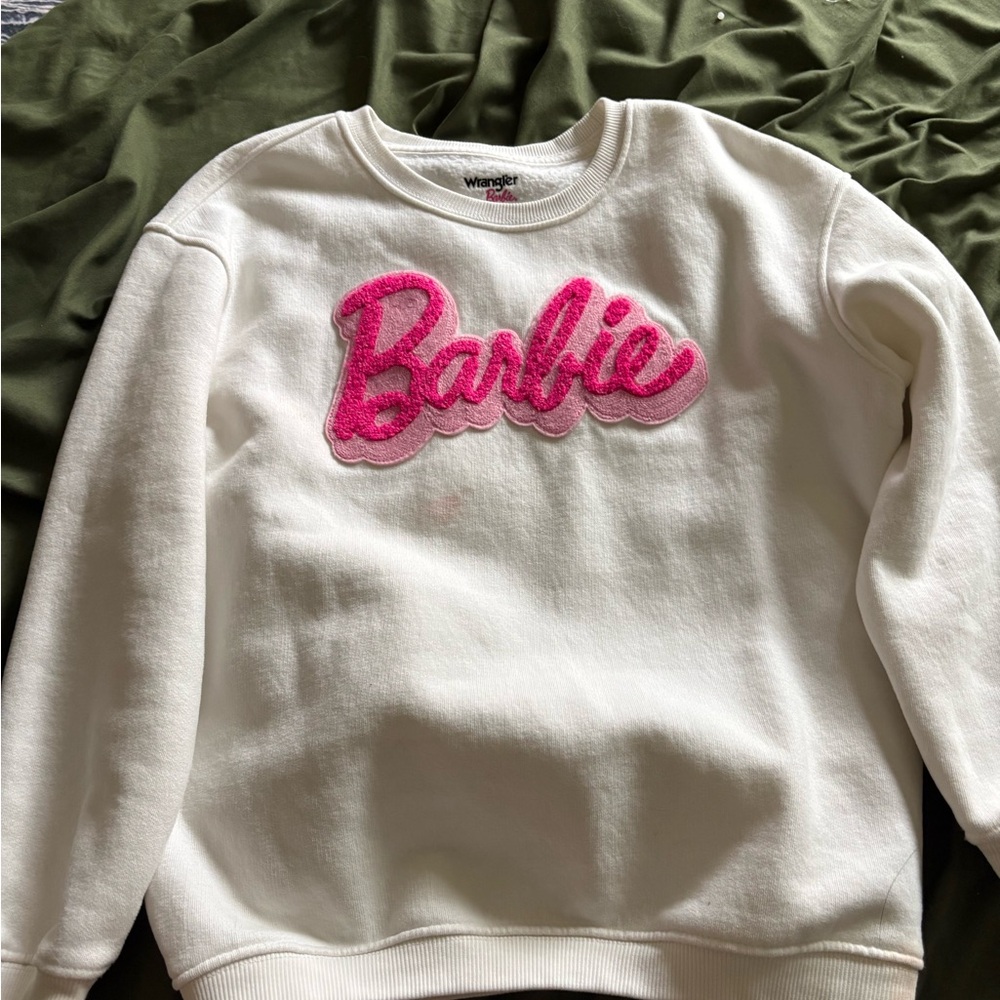 White Sweatshirt with Pink Barbie Logo